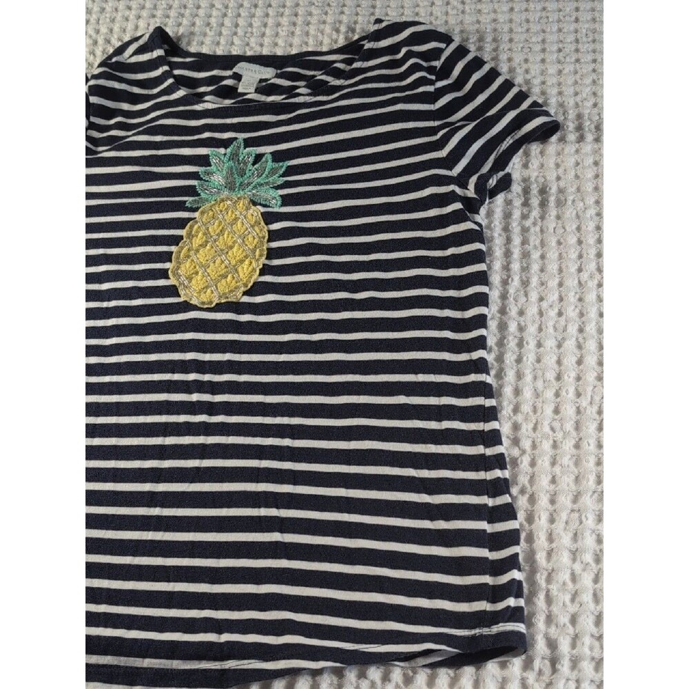 Charter Club 100% Cotton Mavy & White Striped Tee with Pineapple Patch Size XL - Picture 6 of 9